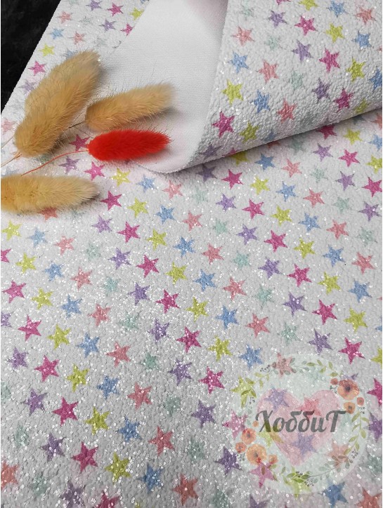 Кожзам с блестками "Звездочки" 21*29,5см. (белый)